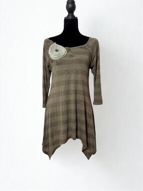 Vtg Y2K Mon Amie Olive Khaki Striped Tunic Rosette Applique Size S